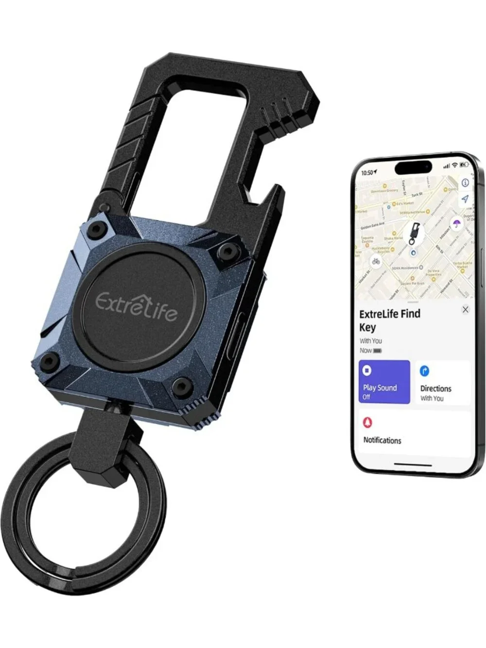 GPS Keychain with Bottle Opener & Carabiner - Works with Apple Find My